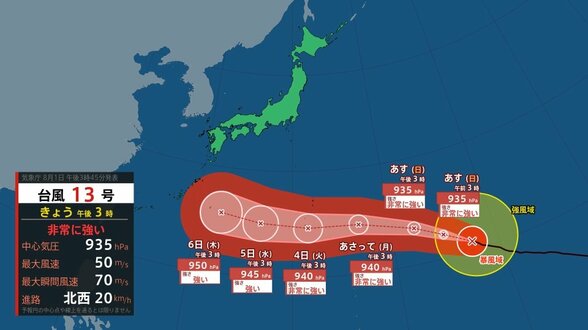 【台風13号「ドルフィン」】“非常に強い”勢力で南鳥島近海から北西へ　3日午後には小笠原近海、最大風速45m見込み【雨と風のシミュレーション】　|　富山のニュース｜天気・防災｜チューリップテレビ