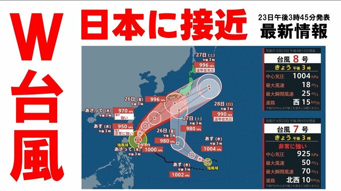 【台風情報】W台風のこれから　台風7号（メーカラー）は 非常に強い勢力のまま沖縄へ　台風8号（ヒーゴス）は発達しながら日本に接近か　＜23日午後3時45分最新情報＞7号は最大瞬間風速70m/s　予想進路　これからの天気を画像で確認|TBS NEWS DIG