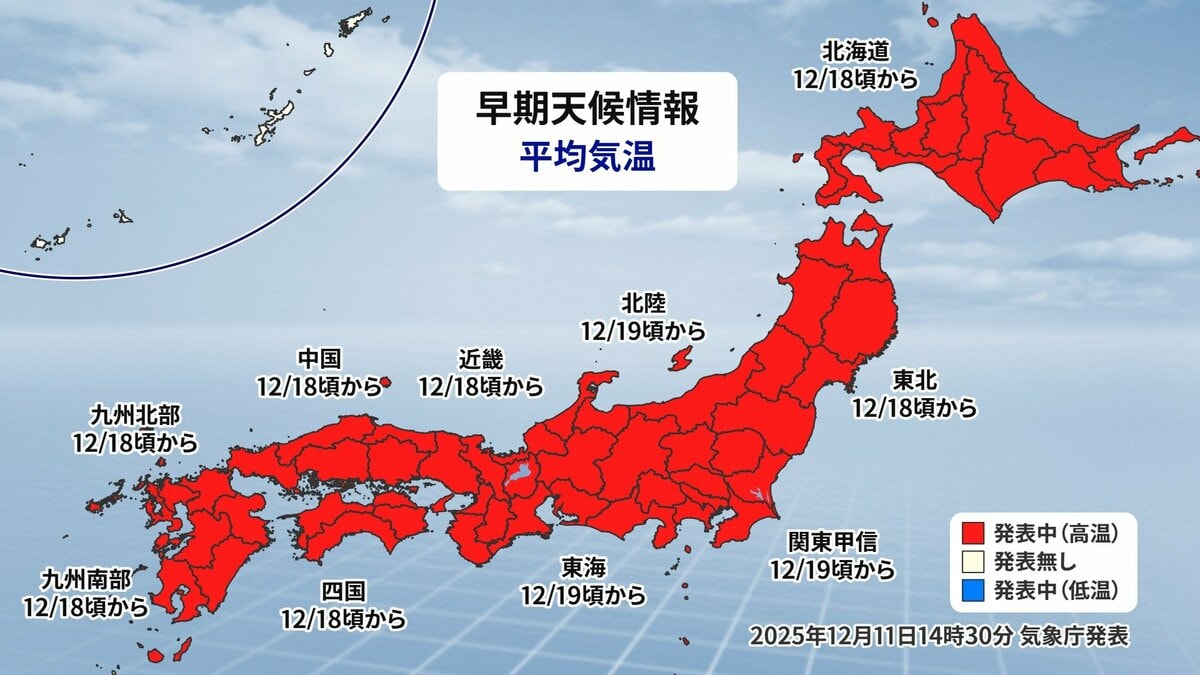 来週は日本列島が真っ赤に…“10年に一度レベルの高温” でも今週末の最低気温は東京8℃ 名古屋9℃予想で“真冬並み” クリスマスの天気は？寒暖差に注意を