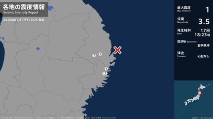 震度1 岩手県沖 2026年01月17日18:23ごろ 地震詳細 | TBS NEWS DIG