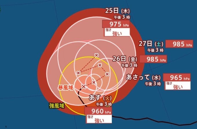 【台風情報】台風19号「非常に強い」から「強い」へ…今後の進路 北東→西→東北東と複雑に変化するか【雨と風のシミュレーション】　|　富山のニュース｜天気・防災｜チューリップテレビ