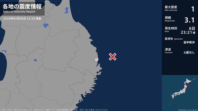 岩手県で最大震度1の地震　岩手県・宮古市|TBS NEWS DIG