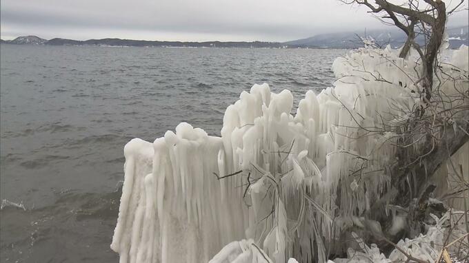 「氷が黒い…」暖冬で自然の造形美『しぶき氷』にも異変　約1か月遅れで完成も…福島・猪苗代湖　|　福島のニュース│TUF