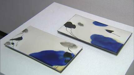 白い陶器に黒一色で描かれた花や鳥 九谷焼をベースに独自の世界を