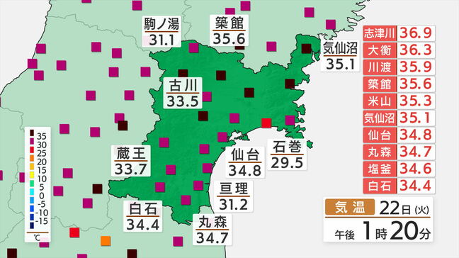 【速報】宮城県内2か所で観測史上一番の記録的な暑さ　蔵王では37℃に　熱中症に厳重警戒　福島や岩手では38℃台の所も|TBS NEWS DIG