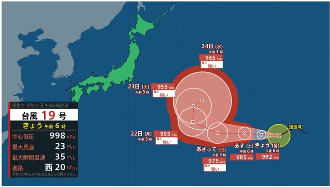 【台風情報】台風19号（ノグリー）発生　日本の南東 ウェーク島近海、週末にかけ西へ…21日には勢力強め「強い台風」に発達か【雨と風のシミュレーション】　|　富山のニュース｜天気・防災｜チューリップテレビ