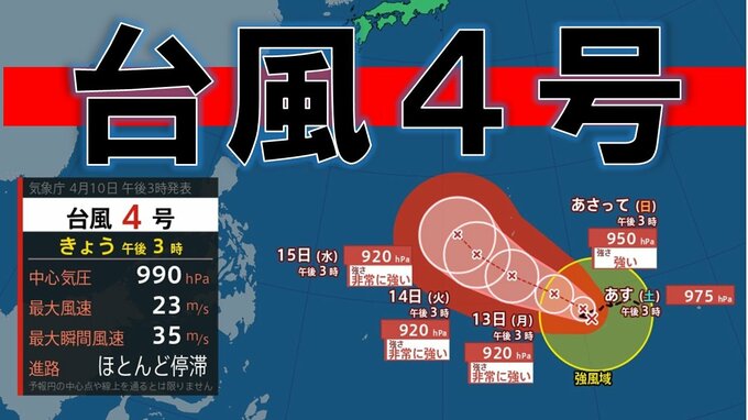 台風４号（シンラコウ）停滞したのち北西へ…中心気圧920hPaで最大風速50メートルの「非常に強い」台風になる見込み　気象庁|TBS NEWS DIG