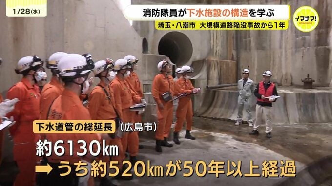 埼玉八潮市”大規模道路陥没”から1年　困難極めた救助活動　下水施設の構造と地盤空洞化の危険性　広島市消防局が下水道管内部を視察　危険伴う救助活動の対応力を高める研修会　|　RCC NEWS | 広島ニュース | RCC中国放送