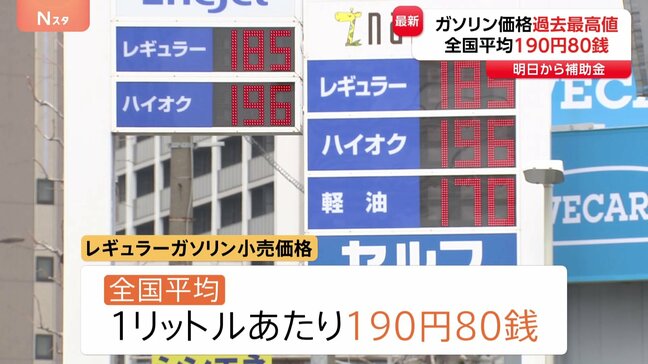 ガソリン価格が過去最高の1リットルあたり190円80銭 離島では225円にも…19日から新たな補助金導入で「2週間ほどかけ170円に」|TBS NEWS DIG