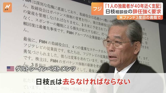 「なぜ1人の独裁者が巨大な放送グループを支配することを許されてきたのか」米投資ファンドがフジテレビの親会社に日枝相談役の辞任を求める書簡を送る|TBS NEWS DIG