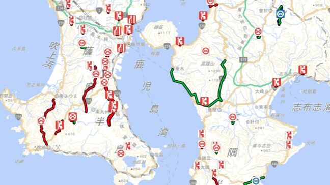 台風12号関連の道路通行止め(8月22日午前7時15分現在)指宿スカイライン、国道、県道で続く 南九州道は解除 鹿児島|TBS NEWS DIG