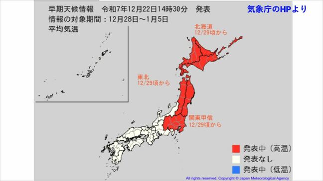 年末年始も"10年に1度レベル"の暖かさ　29日頃から　北海道で＋2.3℃以上、関東甲信で＋1.8℃以上など　関東以北でかなりの高温になる見込み　【早期天候情報・2週間気温予報】|TBS NEWS DIG