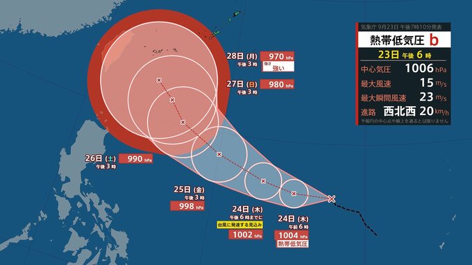 【台風情報】最大瞬間風速50 m/s の強い勢力の予想…新たな台風発生へ 24時間以内に台風のたまごが台風に発達する見込み 沖縄の南から北上か　雨と風のシミュレーションを見る（気象庁台風情報 23日午後7時10分発表）|TBS NEWS DIG