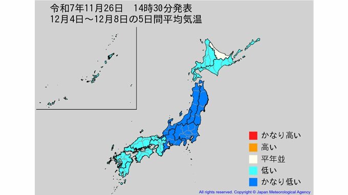 【2週間気温予報】北・東日本の気温は向こう1週間程度は平年並か高い日が多い予報　その後は低い日が多く12月4日頃からはかなり低くなる所も　農作物の管理などに注意　全国の天気を画像で　気象庁|TBS NEWS DIG