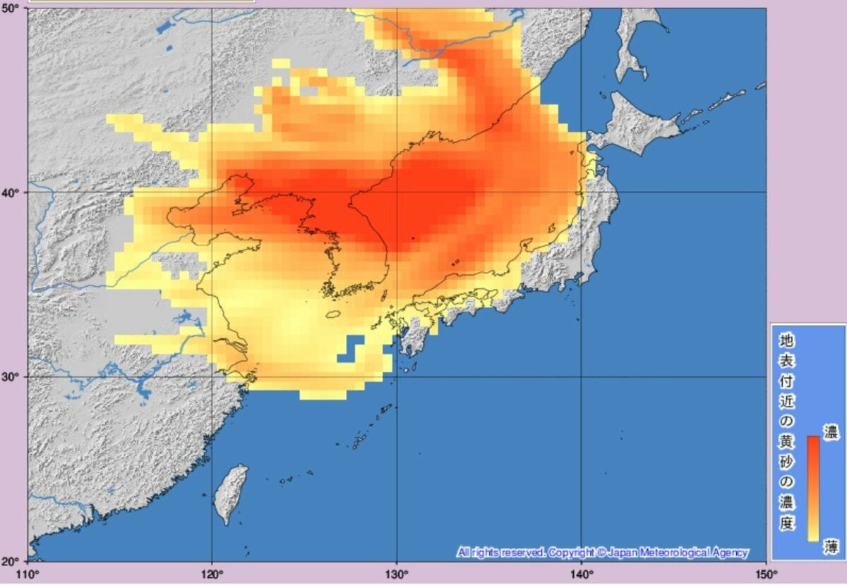 【黄砂情報】20日（月）から「日本列島」に飛来か　広い範囲で影響おそれ【20日（月）～22日（水）黄砂シミュレーション】気象庁の黄砂解析予想図