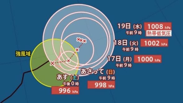 台風17号（ナンカー）日本のはるか東で停滞へ…19日（水）にも熱帯低気圧に変わる見込み　中心気圧994hPa、最大瞬間風速25m/sの予想【雨と風のシミュレーション】 　|　富山のニュース｜天気・防災｜チューリップテレビ