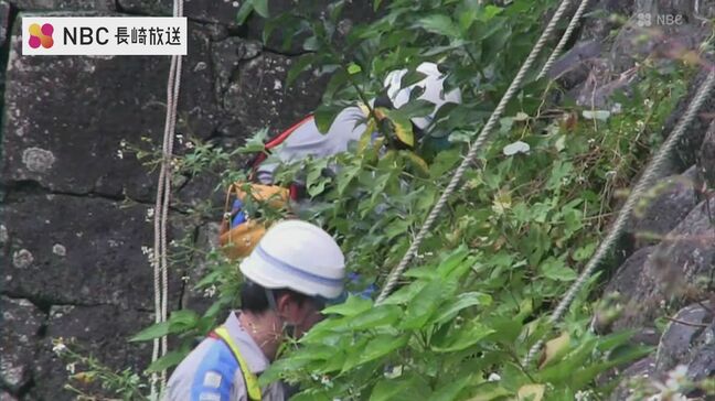 電力会社グループ職員らが約10メートルのロープを使い石垣の雑草を刈り取る 五島福江城跡で清掃活動【長崎】|TBS NEWS DIG