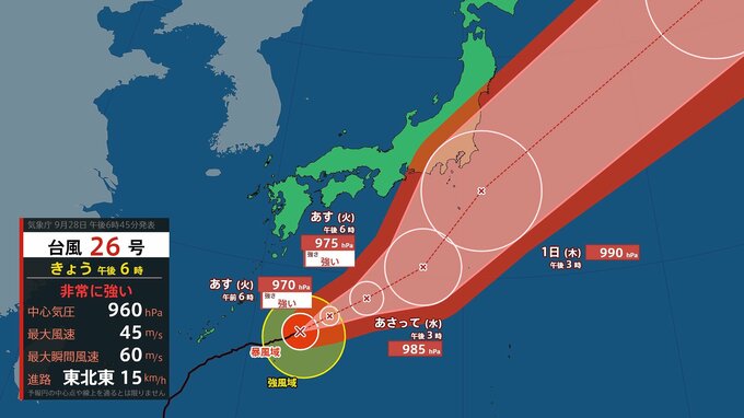 【台風情報】急カーブの台風26号(スリゲ)　10月1日にも関東に接近のおそれ　最大瞬間風速60メートル “非常に強い”勢力　10月3日までの雨と風のシミュレーションを見る(気象庁 28日午後6時45分発表)|TBS NEWS DIG