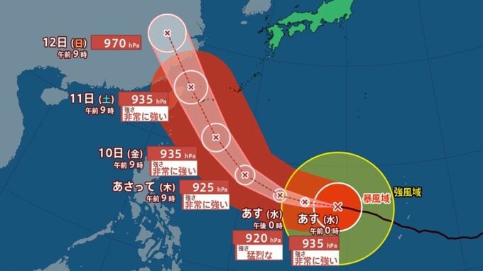 【台風情報】10日（金）大型で非常に強い「台風9号（バービー）」最大瞬間風速70m/sで沖縄の南に接近予想　日本への影響、進路は？7月17日（金）までの雨・風シミュレーションで確認　今後の気象情報に注意【気象庁7日午後0時45分発表】|TBS NEWS DIG