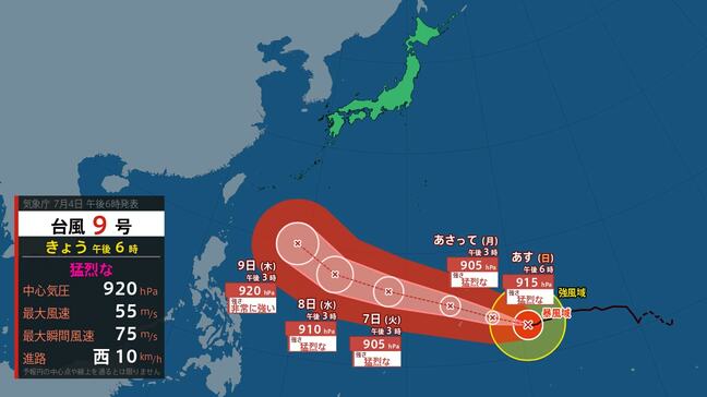 【 台風情報 】猛烈な台風9号は最大瞬間風速80m/s予想に　9日(木)には非常に強い勢力で沖縄の南へ　今後の台風の予想進路と本州付近の雨風シミュレーション【4日午後7時05分 気象庁発表】|TBS NEWS DIG