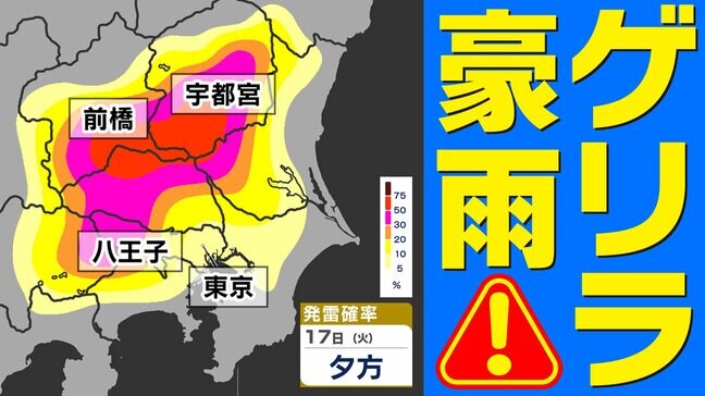 【東京首都圏 突然の雨に注意】東京都心34.8℃  暑さが原因で大気の状態不安定  落雷・突風・急な激しい雨に注意【雨・発雷確率・気温シミュレーション１７日（火）警報発表の可能性は？】東京・神奈川・埼玉・千葉・群馬・栃木・茨城|TBS NEWS DIG
