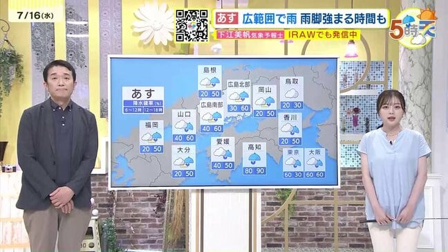 【あす7/17(木)広島天気 】午後は広範囲で雨　雨脚が強まる所も　大きめの傘の出番|TBS NEWS DIG