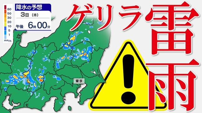 【東京首都圏  ゲリラ雷雨に注意】3日（木）雨の降り方に警戒を  7月1日（火）2日（水）関東地方で記録的短時間大雨情報相次ぐ【雨・発雷確率のシミュレーション３日（木）】 東京・神奈川・埼玉・千葉・群馬・栃木・茨城|TBS NEWS DIG