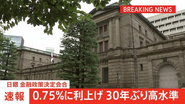 【速報】日銀　政策金利を0.75％に引き上げ　30年ぶり高水準に　きょうの金融政策決定会合で追加利上げ決定|TBS NEWS DIG