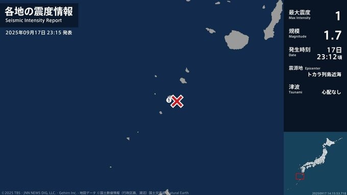 鹿児島県で最大震度1の地震　鹿児島県・鹿児島十島村|TBS NEWS DIG