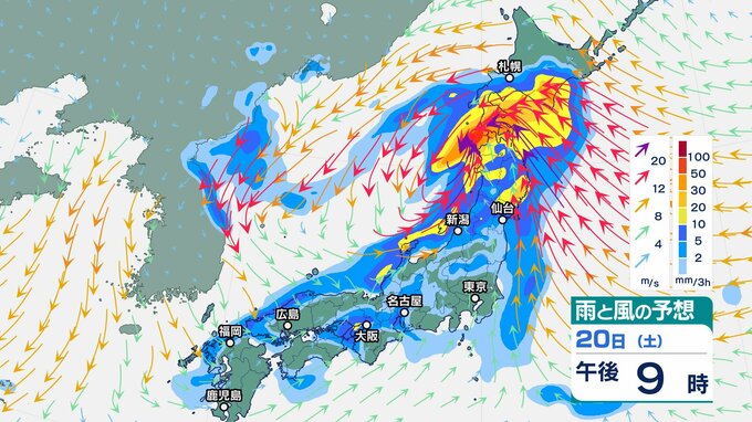 【気象情報】東北北部は発達する低気圧や前線の影響で大雨となる所がある見込み　20日夜は土砂災害や低い土地の浸水、河川の増水や氾濫に警戒【雨と風のシミュレーション】　|　富山のニュース｜天気・防災｜チューリップテレビ