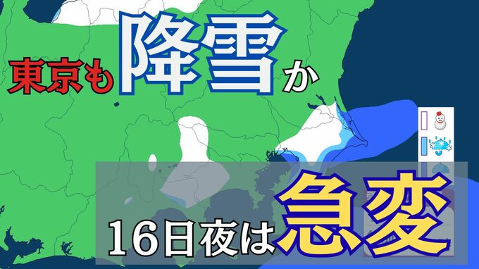 東京でも降雪見込み　16日の日中は”季節外れ”の暖かさも…夜には天気が一変　”風の境界線”が関東通過【雪と雨のシミュレーション】　|　富山のニュース｜天気・防災｜チューリップテレビ