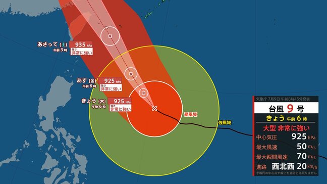 【台風情報】10日（金）沖縄の南に接近予想 最大瞬間風速70m/s 大型で非常に強い「台風9号（バービー）」　次の熱帯じょう乱も発生の見込み…日本への影響、進路は？7月19日（日）までの雨・風シミュレーションで確認　今後の気象情報に注意【気象庁発表 9日午前6時45分発表】|TBS NEWS DIG