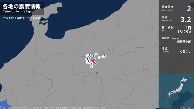 長野県で最大震度2の地震　松本市で震度2　上田市、安曇野市、池田町などで震度1を観測　マグニチュードは3.2と推定|TBS NEWS DIG