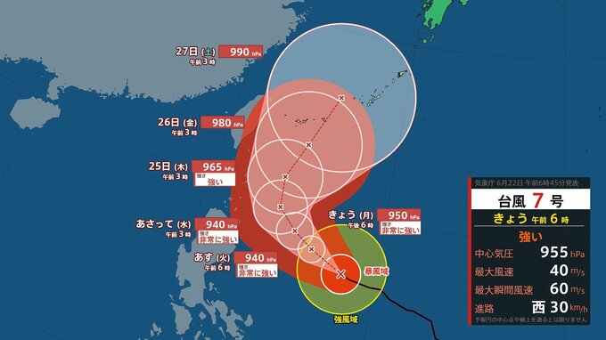 【台風情報】台風７号「メーカラー」最大瞬間風速65メートルか…22日に“非常に強い勢力”へ　進路は次第に北寄りに、沖縄へと近づく予報（気象庁）|TBS NEWS DIG