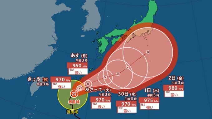 【台風情報】強い勢力で最大瞬間風速60mへ　沖縄・奄美接近後、関東など本州に影響か　2日には伊豆諸島付近を中心とする予報円へ【雨・風シミュレーション10月7日（水）まで】台風26号・気象庁の進路予想・週間天気予報（27日午前3時45分発表）|TBS NEWS DIG