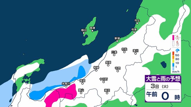 【3日正午までの雪シミュレーション】2日夕方までの12時間に中越山沿いで最大35cm 平野で30cmなど予想　新潟県内は広い範囲で雪や雨に（2日午前10時更新）|TBS NEWS DIG