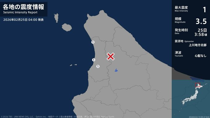 北海道で最大震度1の地震　北海道・初山別村、天塩町|TBS NEWS DIG