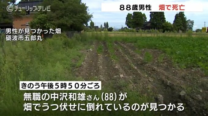 ８８歳男性畑で倒れ死亡　目立った外傷なく病気や熱中症の可能性も　富山・砺波市　|　富山のニュース｜天気・防災｜チューリップテレビ