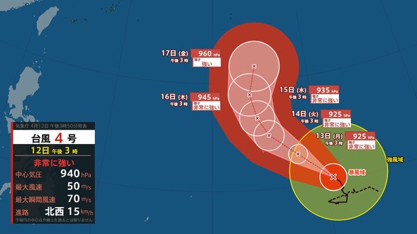 【台風情報】非常に強い台風4号“シンラコウ”17日に小笠原近海へ　15日にかけて中心気圧925hPa、最大瞬間風速70mのおそれ【雨と風のシミュレーション】　|　富山のニュース｜天気・防災｜チューリップテレビ