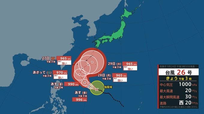 【台風情報】台風26号（スリゲ）南西諸島では27日（日）から暴風・高波・高潮に十分注意　本州に近づく可能性も（24日午後3時現在）【雨風シミュレーション（24日～29日）】|TBS NEWS DIG