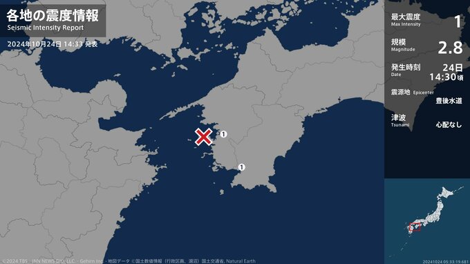 愛媛県、高知県で最大震度1の地震 マグニチュードは2.8と推定 愛媛県・宇和島市、高知県・宿毛市 津波の心配なし|TBS NEWS DIG