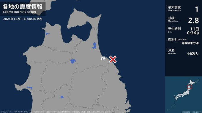 青森県で最大震度1の地震　青森県・八戸市|TBS NEWS DIG
