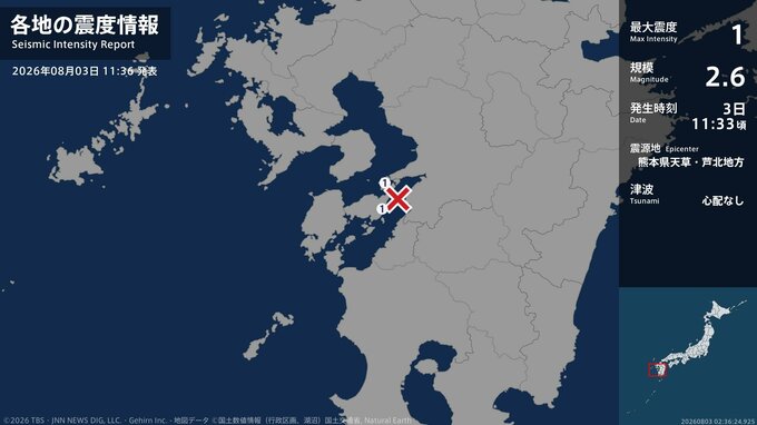 熊本県で最大震度1の地震　熊本県・上天草市|TBS NEWS DIG