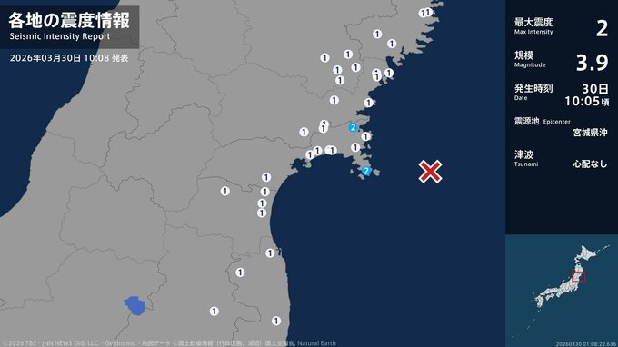 宮城県で最大震度2の地震　宮城県・石巻市|TBS NEWS DIG