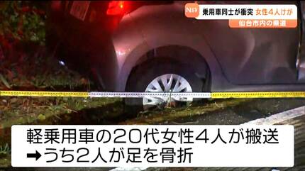 車に挟まれて出られない」乗用車と軽乗用車が衝突事故 女性4人けが