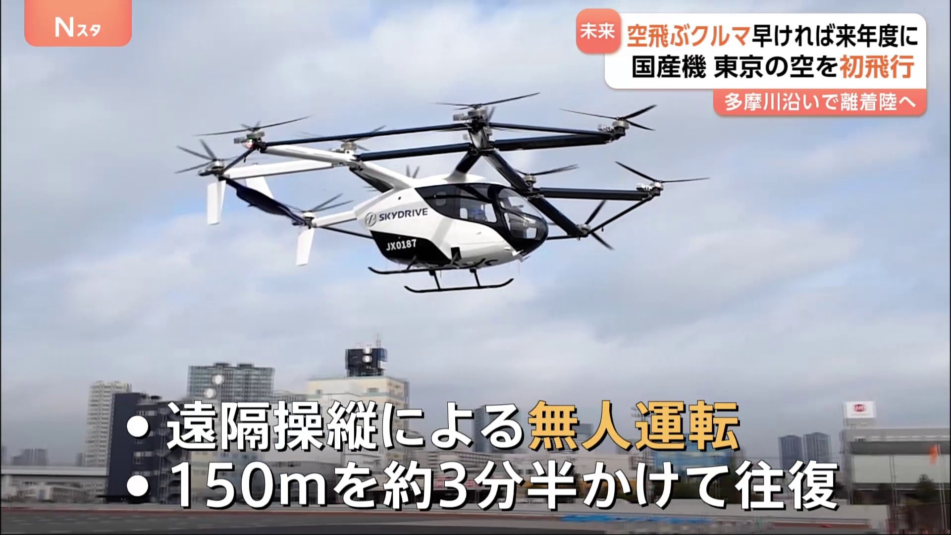 国産「空飛ぶクルマ」が東京の空を初飛行 2027年度には乗客を乗せた