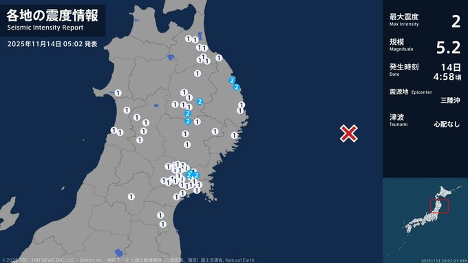 岩手県、宮城県で最大震度2の地震　岩手県・普代村、野田村、盛岡市、矢巾町、花巻市、宮城県・登米市|TBS NEWS DIG
