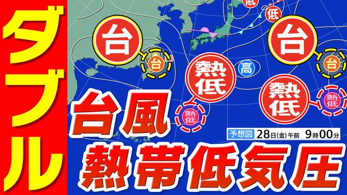 【ダブル台風】に【ダブル台風のたまご】台風２２号発生　ひと月に９個発生は８年ぶり【雨風シミュレーション／全国各都市の週間予報】「台風情報」「熱帯低気圧」気象庁 進路予想|TBS NEWS DIG
