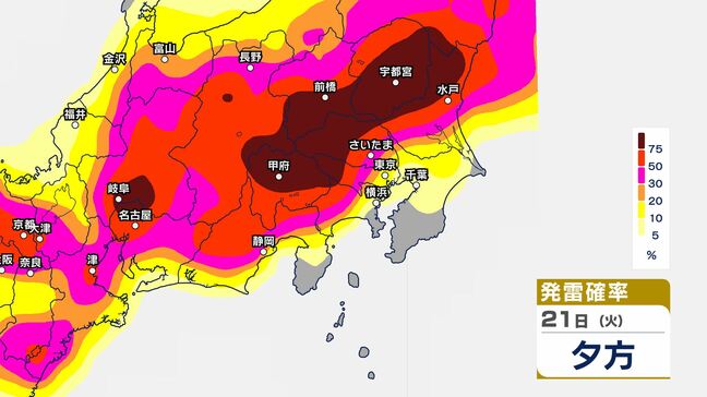 【東京首都圏】ゲリラ雷雨に注意…警報級大雨となる地域が拡大する可能性も 今後の雨風シミュレーション・発雷確率シミュレーション【気象庁21日16時19分発表】東京・神奈川・千葉・埼玉・茨城・栃木・群馬・山梨・長野|TBS NEWS DIG