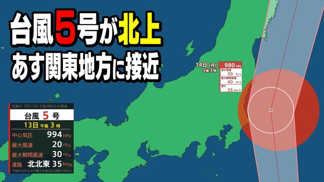 【台風情報】台風5号が北上　あす14日(月)関東地方に接近  24時間予想雨量（多いところ）100ミリの大雨が・・・警報級大雨の可能性も 土砂災害にも警戒|TBS NEWS DIG